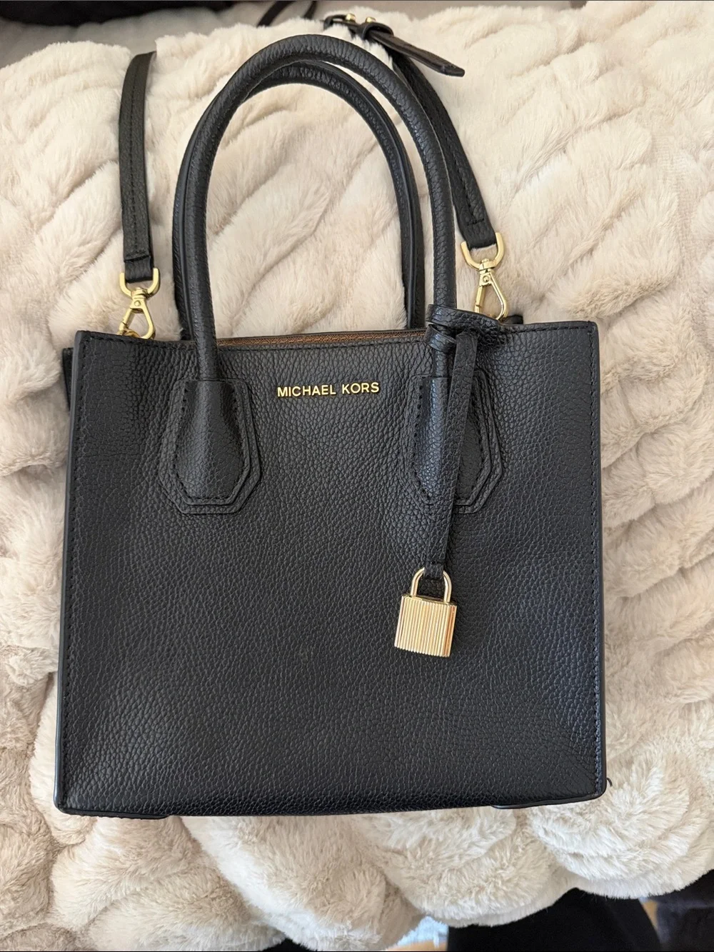 Michael Kors Black Pebbled Leather Bag with Gold Hardware and cross body strap